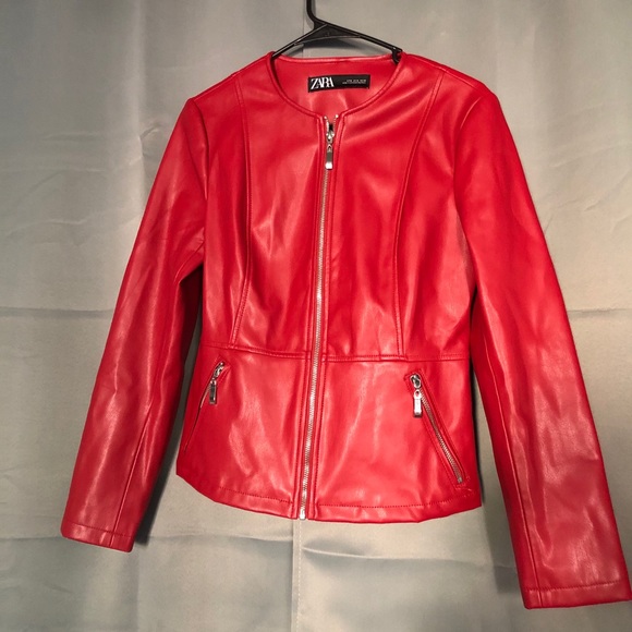 red faux leather jacket zara